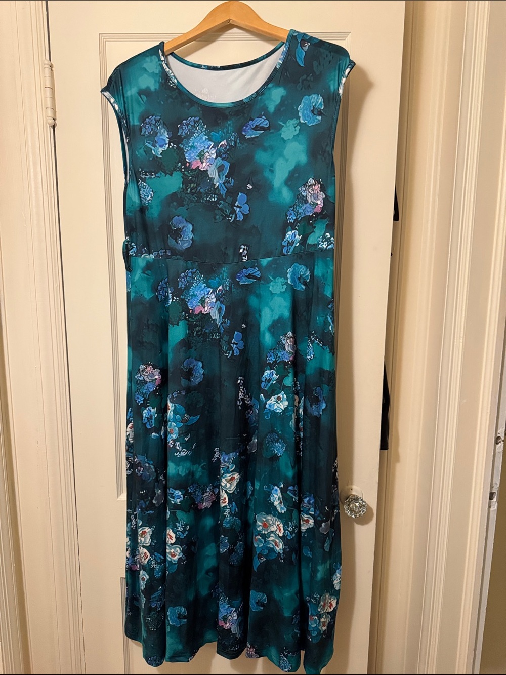 SHEIN Sleeveless Teal Floral Midi Dress belt loops no belt poly